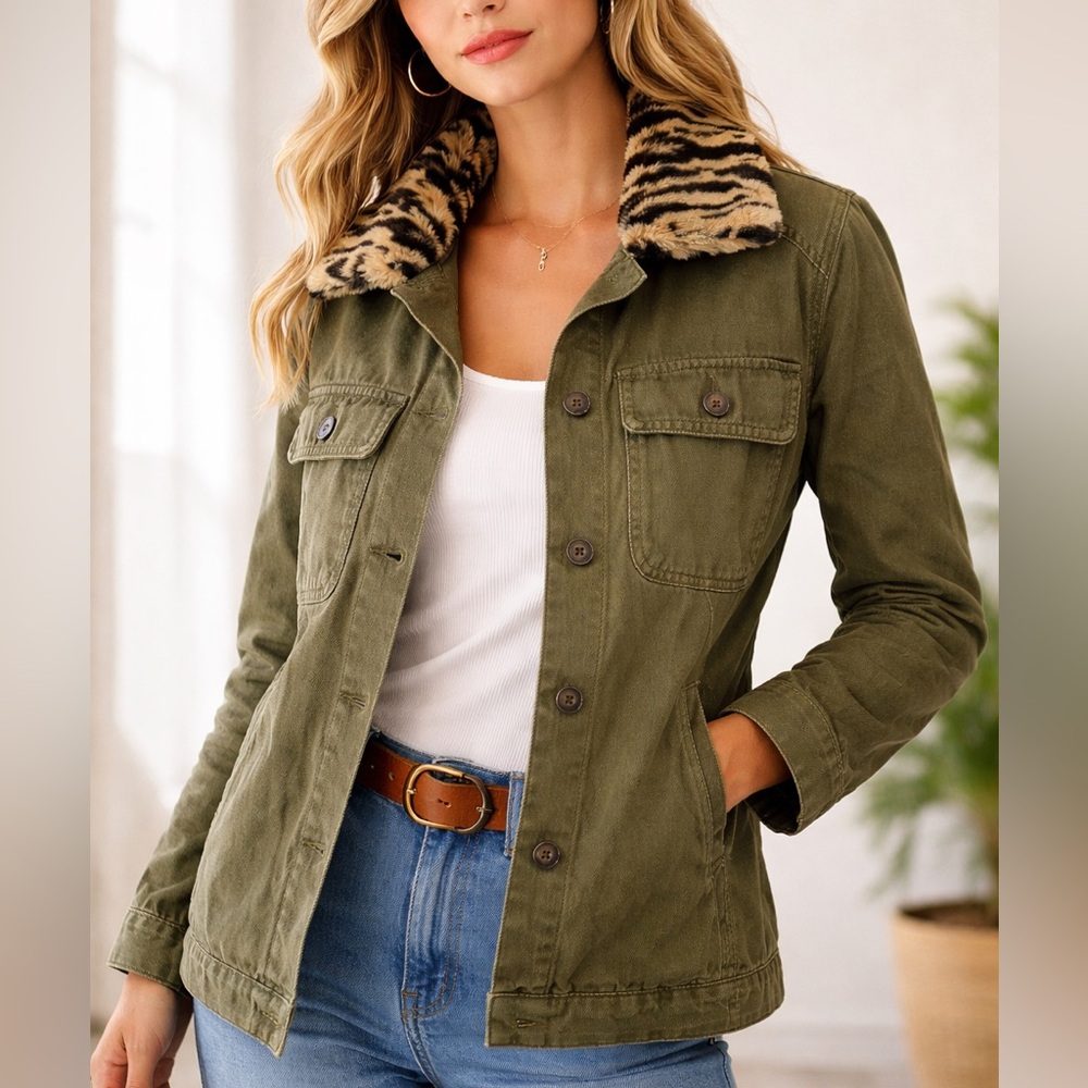 Anthropologie Khaki Utility Jacket with Animal Print Collar